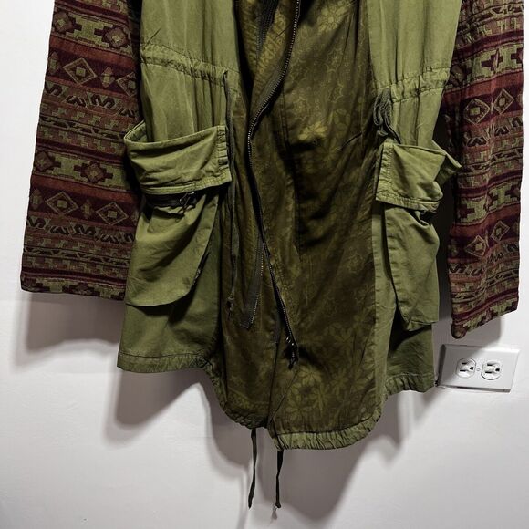 Free People Mixed Media Tapestry Hooded Parka Jacket Size S in Army Green - Picture 7 of 14
